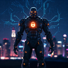 Fototapeta premium Armored Figure with Glowing Lock Symbol, Representing Digital Protection and AI Security Systems
