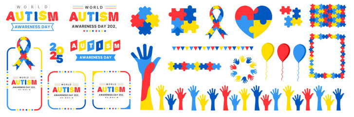 big mega set of World autism awareness day background typography, puzzles head child, heart, hand, balloon, ribbon icon design template set. World autism day colorful text and frame design bundle.