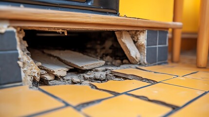 Dilapidated interior damage displaying compromised floor tiles and structural issues