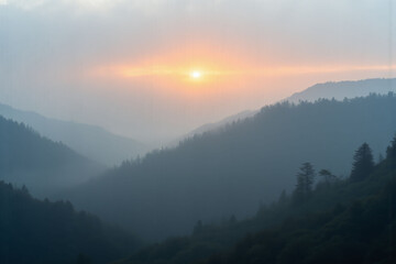 Obraz premium misty sunrise over a forested hillside with trees in the foreground