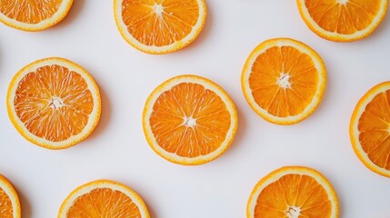 Fresh orange slices arranged on a white surface