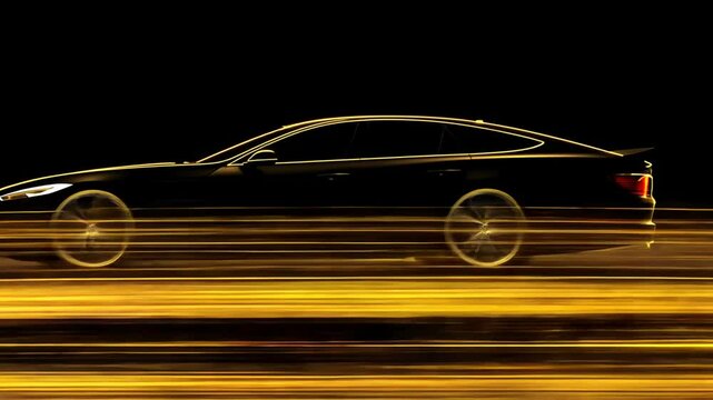 Dynamic streaks of golden light accentuate the sleek silhouette of a moving car