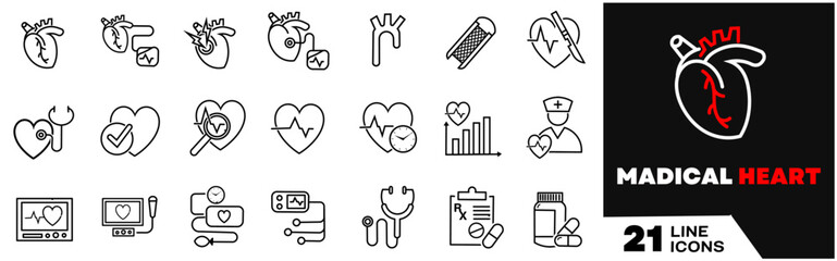 Cardiology line icon set. Heart, ECG, stent, aorta, pacemake, myocardial infarction, sphygmomanometer, holter monitor, rhythm, medications, diagnosis, scalpel, surgery vector illustration. Editable
