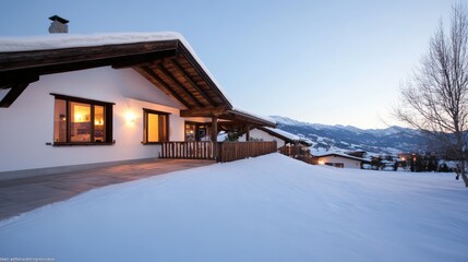 Snowy chalet exterior at dawn, mountain village
