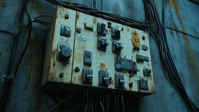 Detailed shot of an old and rusty electrical control panel with toggle switches and wiring