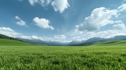 Fototapeta premium Lush green field stretching to distant mountains under a partly cloudy sky