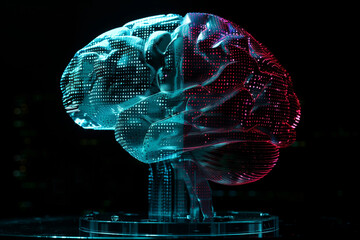 Digital brain with holographic projection and coding code background, symbolizing artificial intelligence technology