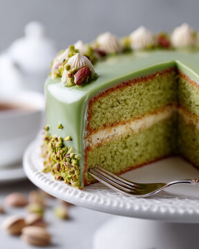 10h Ultra-realistic close-up photograph of Torta al Pistacchio, a rich and moist pistachio cake with a soft, vibrant green crumb and a smooth pistachio cream frosting. The top is e