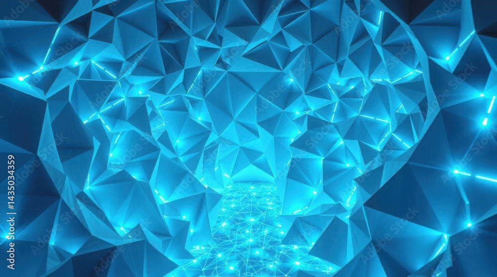 Poster abstract blue polygonal tunnel with glowing lights for technology concepts