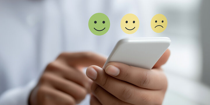 A person holding an Phone with three smiley face icons floating above the screen: one green happy emoji, another yellow neutral emoticon, and a third sad frown symbol. The focus is