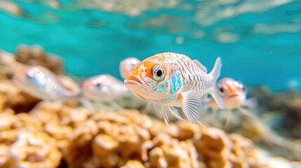 Obraz premium Vibrant coral reef fish. A school of colorful fish swim amongst coral formations in a clear, shallow ocean