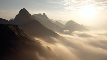Obraz premium Aerial View of Majestic Mountain Peaks Emerging Through Soft Clouds at Sunrise Scenery