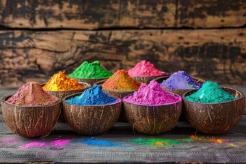 Colorful powders arranged in metal bowls on a dark blue background, celebrating Holi with vibrant hues and artistic flair.