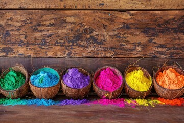 Colorful powders arranged in metal bowls on a dark blue background, celebrating Holi with vibrant hues and artistic flair.