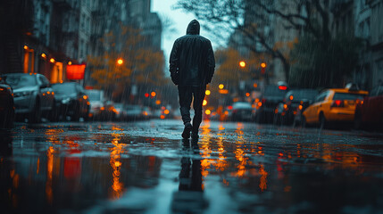 Solitary figure walking city street night rain