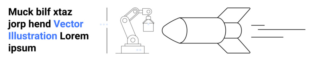 Robotic arm holding item beside a speeding rocket outline in motion. Ideal for technology, innovation, robotics, progress, engineering, aerospace, simple landing page