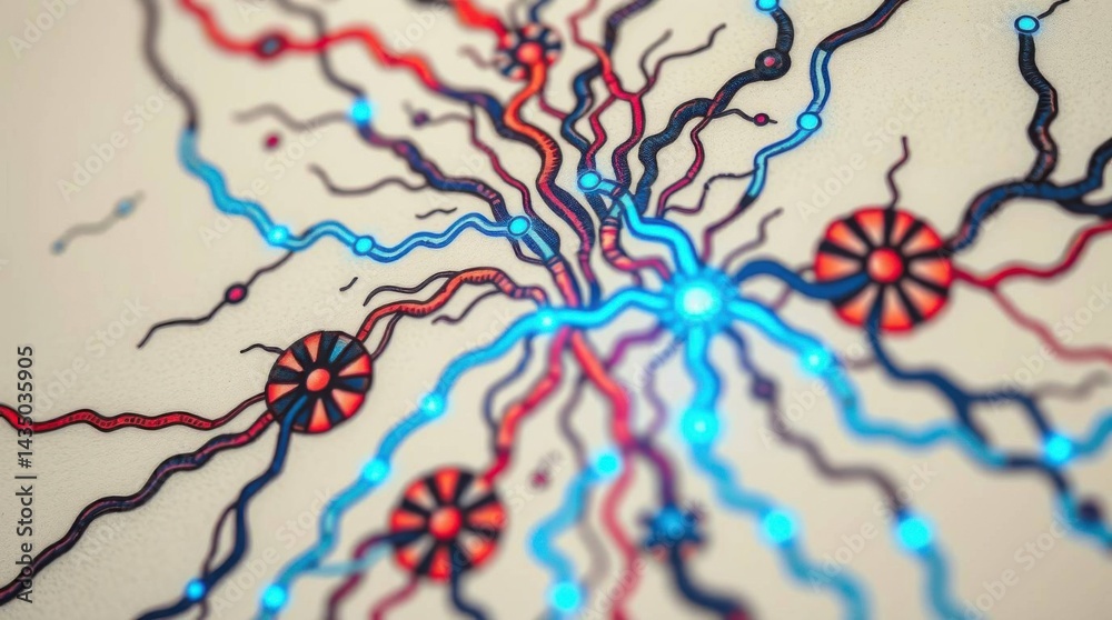 Poster abstract network illustration featuring interconnected colorful nodes and lines