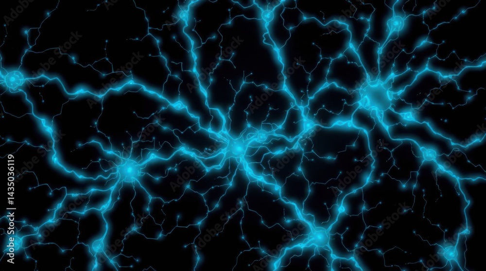 Poster abstract neural network background with glowing blue connections on black