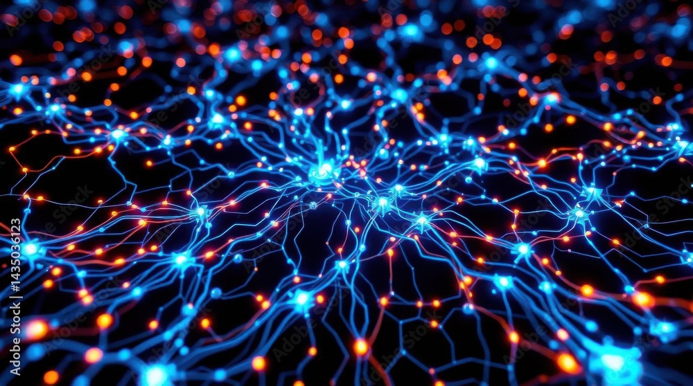 Poster abstract neural network background featuring glowing blue nodes and connections