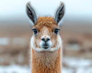 Obraz premium Close-up portrait of a llama in a misty landscape, showcasing its expressive features