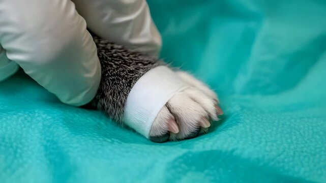 Cat paw being bandaged at veterinary clinic for injury treatment