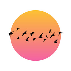 Flying Birds Over Sunset Sky. Minimalist Nature Vector Illustration