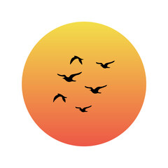 Flying Birds Over Sunset Sky. Minimalist Nature Vector Illustration