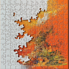 Missing piece of the puzzle, white puzzle pieces on orange background