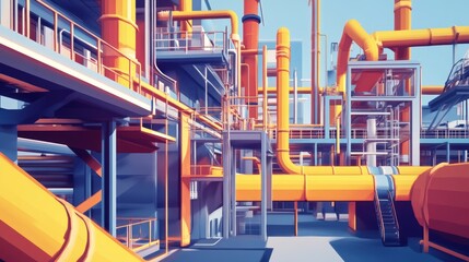 Industrial refinery complex illustration with vibrant hues and bold graphic style