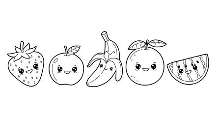 Outlined colouring page cute fruit kawaii black and white for kids with white background