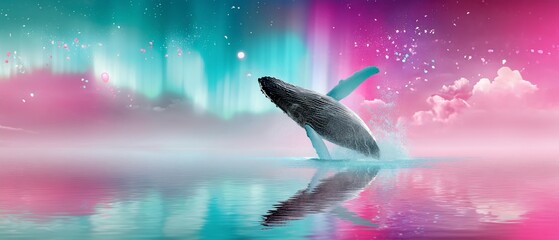 Majestic whale breaching in ethereal waters, vibrant colors reflecting. Northern lights and clouds