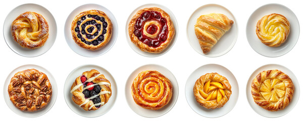 Assorted Pastries on White Plates Featuring Sweet Fillings and Flaky Crusts for a Delicious Bakery Display or Dessert Table Arrangement. Piquant food set.