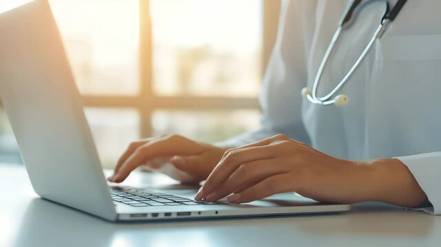 Healthcare professional typing on a laptop at a modern clinic during afternoon sunlight