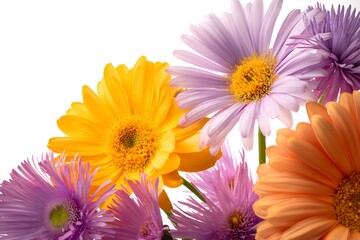 Colorful Floral Composition with Yellow, Purple, Orange Flowers on White Backdrop