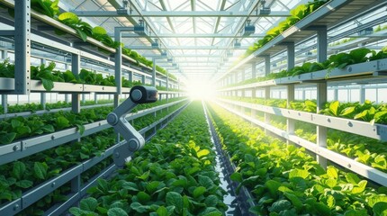 Automated vertical farm with robot arm tending to rows of leafy greens