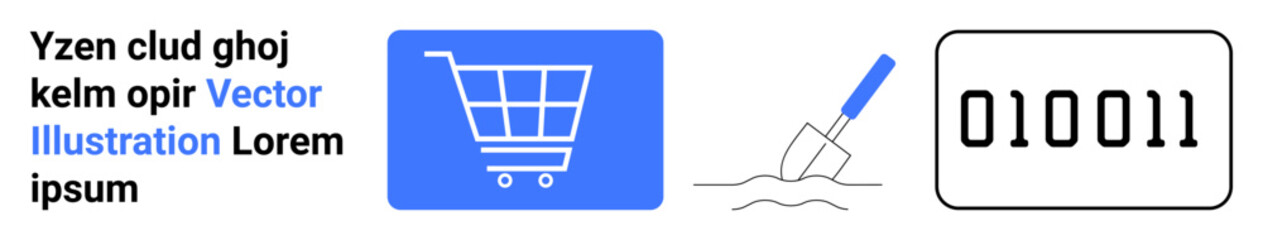 Shopping cart, trowel digging soil, binary code block combining concepts of e-commerce, data analysis, construction, digital transformation, retail, development, simple landing page
