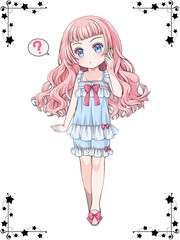 スマホで電話をかけるパジャマを着たピンク髪の少女。星のコーナー用飾り罫つき