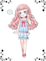 スマホで電話をかけるパジャマを着たピンク髪の少女。星のコーナー用飾り罫つき