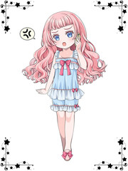 スマホで電話をかけるパジャマを着たピンク髪の少女。星のコーナー用飾り罫つき