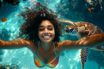 Relaxing in crystal waters. Stunning coral reef close-up. Close-up of tropical fish. Bright colors of coral reefs. Woman enjoying sea adventure. Serene ocean escape. Travel destination photogra.