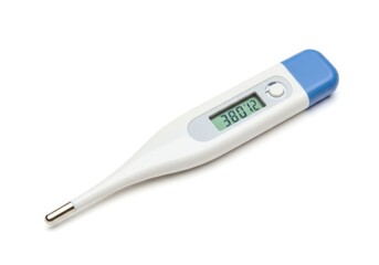 Digital thermometer displaying fever isolated on a white background.