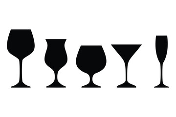 Set of Alcohol Glass Silhouettes Wine Cocktail Glass Icons Collection