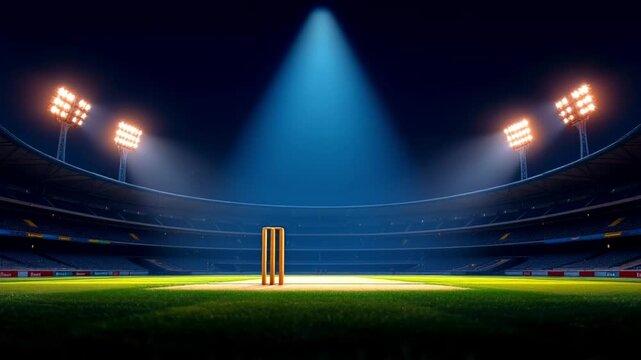 Empty Cricket Stadium at Night Under Spotlight
