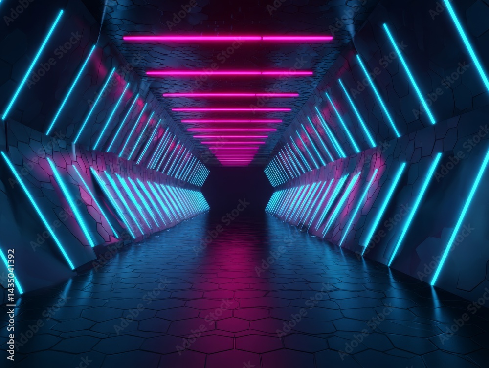 Fototapete Futuristic data tunnel composed entirely of glowing laser strands in acid green and violet, forming complex algorithmic patterns that seem to respond to movement