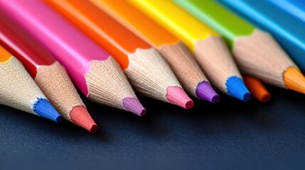 A close-up view of an array of colorful pencils arranged on a dark surface, showcasing a stunning variety of vibrant shades ideal for artistic projects and creative pursuits.