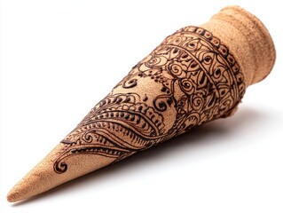 henna cone with drawn design example, isolated on white background, detailed ink flow, macro-style shot