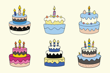  Set of cute birthday cake drawing vector icon illustration on white background