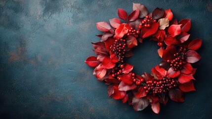 Autumnal wreath of red leaves and berries on dark background