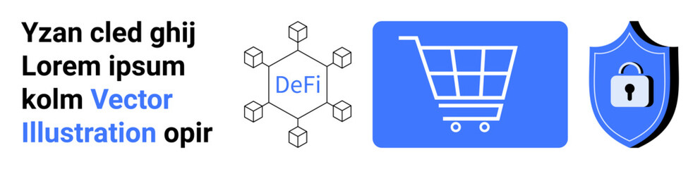 Blockchain network with cubes and DeFi label, shopping cart icon, security shield with lock. Ideal for e-commerce, blockchain, cybersecurity, fintech, secure payments, innovation simple landing page