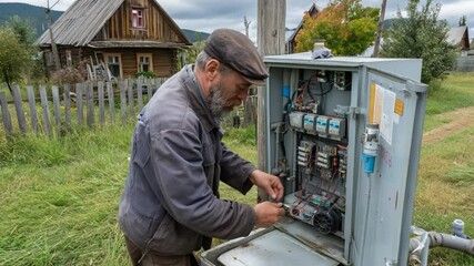 Expert Electrician in Action: An experienced electrician meticulously inspects and repairs a complex electrical panel in a rural setting, showcasing skill and dedication.
